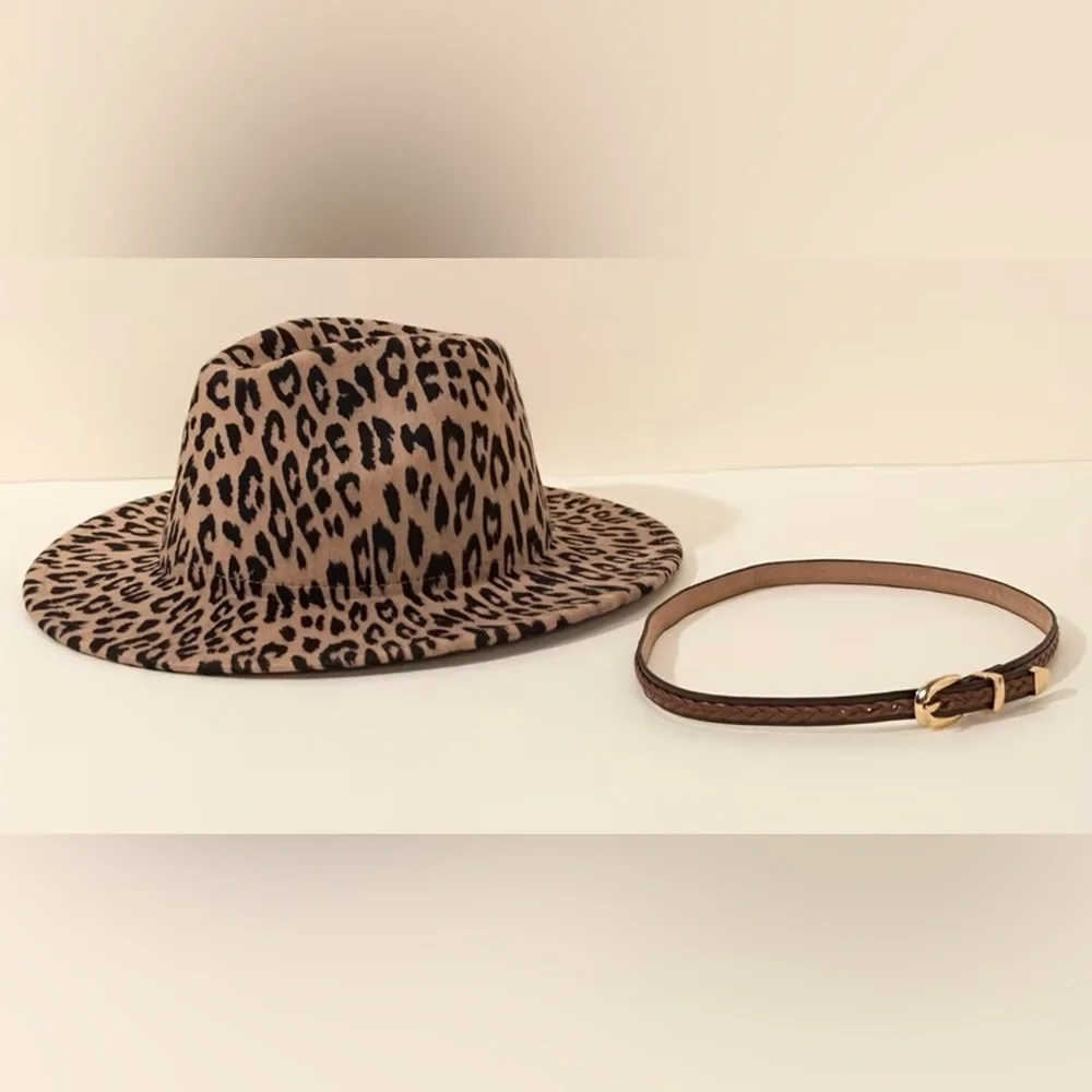 Leopard Print Wide-Brim Fedora Hat - Brown - Picture 5 of 6